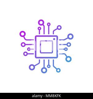 Microchip icona linea. CPU, unità centrale di elaborazione, il processore per computer, chip simbolo nel cerchio. Abstract logo della tecnologia. Semplice round icona isolati su Illustrazione Vettoriale