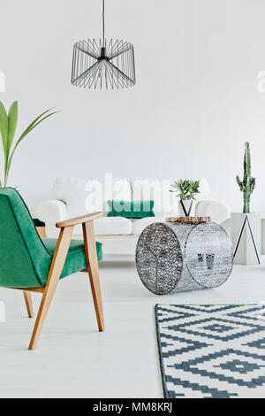 Luce home interni con sedia verde, moquette e divano Foto Stock