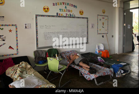 Vega Baja, PR, Settembre 27, 2017 - un uragano Maria superstite dorme nel dramma di classe A in Aula il lino Padrón high school, che serve come un rifugio nel comune di Vega Baja. Yuisa Rios/FEMA Foto Stock