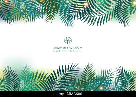 Estate vacanze e verde di foglie di palma con effetto di illuminazione su sfondo bianco. Illustrazione Vettoriale Illustrazione Vettoriale