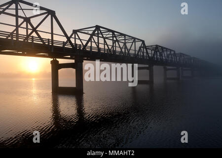 Sunrise dietro il Martin Ponte sul Fiume Manning, Taree, NSW, Australia Foto Stock