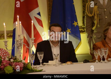 Atene, Grecia. 09 Maggio, 2018. Il Primo Ministro greco, Alexis Tsipras, durante la cena ufficiale. Credito: Dimitrios Karvountzis/Pacific Press/Alamy Live News Foto Stock