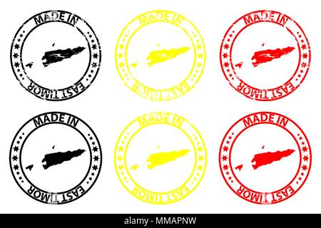 Fatto a Timor Est - timbro di gomma - vettore, Timor Est mappa del modello - nero, giallo e rosso Illustrazione Vettoriale