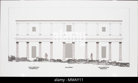 Medellin, Spagna - Aprile 28th, 2018: ipotetica rappresentazione della facciata esterna del palco davanti al teatro romano di Medellin, Spagna. Autore Manue Foto Stock
