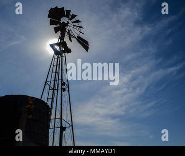 Rancho Bernardo in California - la più antica cantina di lavoro. Vintage scene arrugginita farm equipment per mulini a vento pigramente di filatura nella brezza. Fiori Foto Stock