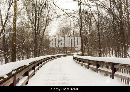 Scena invernale con avvolgimento di una passerella in legno che attraversa un ruscello in un parco boscoso. Foto Stock