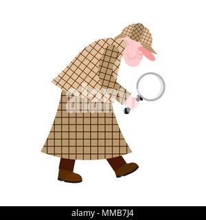 Detective privato in impermeabile e con lente di ingrandimento. Illustrazione Vettoriale Illustrazione Vettoriale