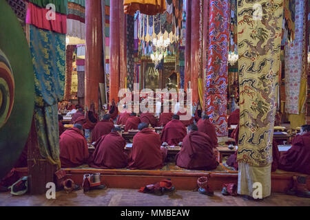 Monaci Tibetani all'interno del Monastero Gonchen in Dege, Sichuan, in Cina Foto Stock