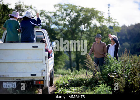 Il marito e la moglie, uomo anziano che indossa un cappello e usando un bastone e donna anziana in piedi sul percorso, agitando a donne seduta sul passaggio di pick-up Foto Stock