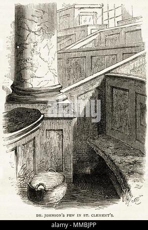 Dr Samuel Johnson pew in San Clemente danesi Chiesa, Westminster, Londra, Inghilterra, Regno Unito. Xix secolo incisione vittoriano circa 1878 Foto Stock
