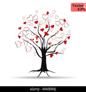 Tree cuori amore romantica icona illustrazione vettoriale design. Il design di San Valentino. Amore albero del vettore con il cuore. Illustrazione Vettoriale