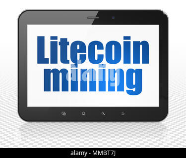Concetto Blockchain: Tablet Pc Computer con Litecoin Mining sul display Foto Stock