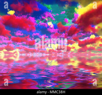 Surreale arte digitale. Le nuvole colorate riflessa nell'acqua. Foto Stock