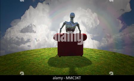 Scena surreale. Arrugginita alien robot si siede in poltrona rossa prima di cielo nuvoloso. Il rendering 3D Foto Stock