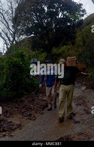 Jon Isakson e Phillip Irizarry, FBI agenti speciali, trasportare tarps e razioni di emergenza alle famiglie che non hanno accesso ai centri di distribuzione in Vegas Arriba, Adjuntas, San Juan, Puerto Rico, 11 ott. 2017. Le agenzie governative hanno unito i loro sforzi per fornire aiuto in caso di catastrofe in Puerto Rico dopo l uragano Maria ha causato danni catastrofici. (U.S. Foto dell'esercito da Staff Sgt. Elvis) Foto Stock