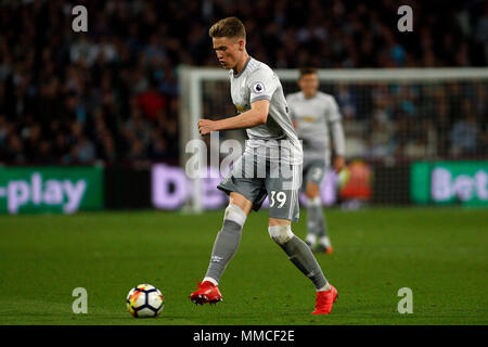 Londra, Regno Unito. Il 10 maggio 2018. Scott McTominay del Manchester United in azione. Premier League, West Ham United v Manchester United al London Stadium, Queen Elizabeth Olympic Park a Londra giovedì 10 maggio 2018. Questa immagine può essere utilizzata solo per scopi editoriali. Solo uso editoriale, è richiesta una licenza per uso commerciale. Nessun uso in scommesse, giochi o un singolo giocatore/club/league pubblicazioni . pic da Steffan Bowen/Andrew Orchard fotografia sportiva/Alamy Live news Foto Stock