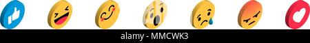 Gli Emoji set reazioni di emoticon. Vettore 3D design piatto isometrica Icone cuore arrabbiati o faccia sorridere e come pulsante per la rete sociale Illustrazione Vettoriale