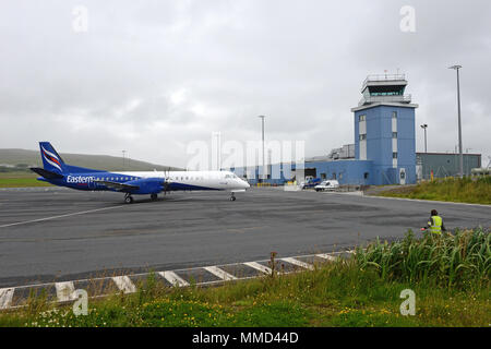 Aeroporto Scatsta sulle isole Shetland che supportano l'industria del petrolio e del gas da battenti lavoratori fuori per le piattaforme petrolifere nel Mare del Nord Foto Stock