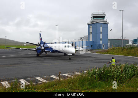 Aeroporto Scatsta sulle isole Shetland che supportano l'industria del petrolio e del gas da battenti lavoratori fuori per le piattaforme petrolifere nel Mare del Nord Foto Stock