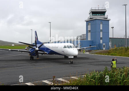 Aeroporto Scatsta sulle isole Shetland che supportano l'industria del petrolio e del gas da battenti lavoratori fuori per le piattaforme petrolifere nel Mare del Nord Foto Stock