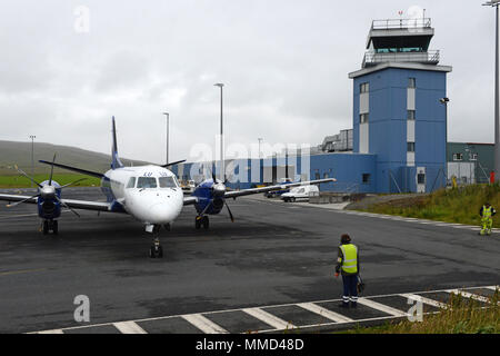 Aeroporto Scatsta sulle isole Shetland che supportano l'industria del petrolio e del gas da battenti lavoratori fuori per le piattaforme petrolifere nel Mare del Nord Foto Stock