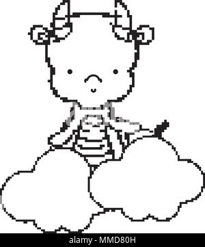 Pixel della linea simpatico drago con ali tra le nuvole Illustrazione Vettoriale