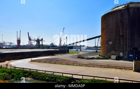 Paesaggio industriale di gru, dei serbatoi di stoccaggio, navi, Avonmouth docks, Bristol, Regno Unito Foto Stock