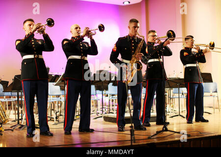 Marines con il terzo aeromobile Marine del parafango brass band eseguire presso la University of Pittsburgh prima a Pittsburgh per il giorno di San Patrizio Parade, Marzo 16. La terza banda MAW la presenza ad alta visibilità eventi consente positiva interazione con il pubblico e assiste nelle attività di reclutamento in tutto il paese. (U.S. Marine Corps Foto Stock