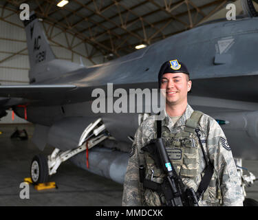 Stati Uniti Air Force Tech. Sgt. Mark. J. Naughton, un membro delle forze di sicurezza con il 177th Fighter Wing, New Jersey Air National Guard, comporta per un ritratto al predominio di aria nel centro di Savannah, Georgia, Marzo 20, 2018. Il 177th FW ha partecipato a un aria-aria esercizio di allenamento per affinare il combattimento aereo e funzionalità di esecuzione di più gli aggiornamenti di formazione. (U.S. Air National Guard Foto Stock