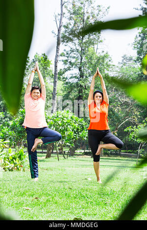 Due giovane Surya-Namaskar Yoga meditazione in piedi su una gamba-ginnastica mattutina di giardino Foto Stock