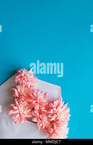 In stile appartamento femminile laico blu su sfondo di caramelle, top view.Minimal donna di desktop con pagina vuota mock up, Busta, rosa lisianthus, crisantemi. Concetto creativo, greeting card.spazio copia Foto Stock