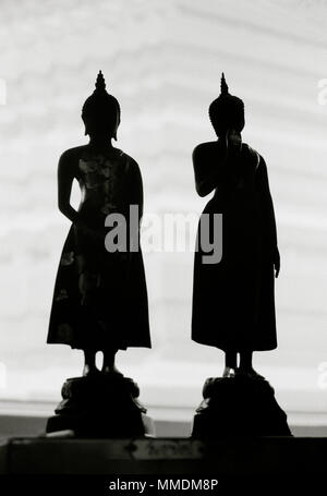 Silhouette figure al Wat Rakhang Bell Tempio a Bangkok in Tailandia in Asia del sud-est in Estremo Oriente. La scultura Carving Stagliano Travel B&W Foto Stock