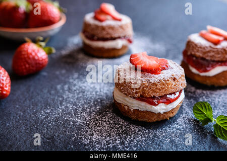 Mini tradizionale Victoria torte a base di pan di spagna con panna montata e fragole Foto Stock