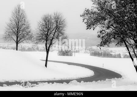 Una curva strada in mezzo alla neve, con alberi a lato Foto Stock