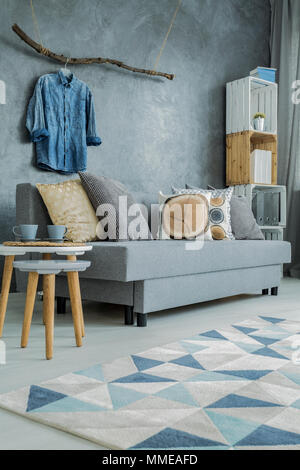 Soggiorno moderno in grigio con divano, pattern e tappeti eleganti decorazioni home Foto Stock