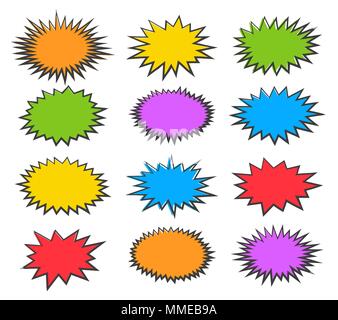 Bolle Starburst. Boom del vettore o esplosione fumetto discorso bolla set, scoppio forme splash su bianco Illustrazione Vettoriale