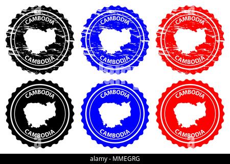 Cambogia - timbro di gomma - vettore, Regno di Cambogia mappa pattern - adesivo - nero, blu e rosso Illustrazione Vettoriale