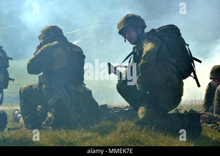 Soldati multinazionale di partecipare al combattimento tattico Casualty Cura medica di esercitazione, ospitato dall'International Special Training Center, Pfullendorf, Germania, 27 settembre, 2017. Esercizi di formazione come questo sono un prezioso metodo di rafforzare la NATO ha collaborato unite a mantenere una forte allied force contro la guerra globale al terrorismo. (U.S. Esercito foto di Visual Information Specialist Jason Johnston) (U.S. Esercito foto di Visual Information Specialist Jason Johnston) Foto Stock