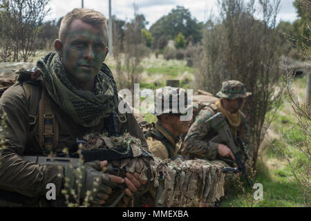 Nuova Zelanda esercito lancia Cpl. Piquet Lawson, sinistra, un soldato di ricognizione con 1° Battaglione, Royal New Zealand Reggimento di Fanteria, pattuglie con U.S. Marines dal 1° luce corazzato battaglione di ricognizione, 1° Divisione Marine, mentre estraendo da un posto di osservazione durante l'esercizio Southern Katipo 17 (SK17) a San Arnaud, Nuova Zelanda, 26 ottobre, 2017. Stati Uniti Marines e qualche nuova Zelanda Defence Force (NZDF) membri del ruolo svolto da parte delle forze di opposizione durante SK17, un grande esercizio di scala ospitato dal NZDF con 16 nazioni partecipanti la riproduzione di vari ruoli di supporto. (U.S. Marine Corps Foto Stock