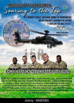 La Mississippi Guardia Nazionale personale Sgt. LaDarius Butler, Staff Sgt. Justin Stewart, Sgt. James Riley, Staff Sgt. Casey Kelly e Sgt. Ceadric Royston dal 1108th Aviation Group per Gulfport, Miss., sono le prime Guardie nella nazione di qualificarsi come un AH-64E attacco riparatore in elicottero su Apache Custode (AH-64E). Essi divennero la certificazione per la riparazione e di operare su questo modello per una prossima distribuzione. Il AH-64E è attualmente assegnato solo al dazio attivo componenti. (U.S. Esercito nazionale Guard grafica con SPC. Kayla Adcock) Foto Stock