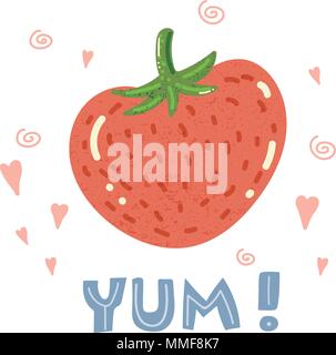 Vector Cartoon carino fragola e scritto a mano scritte una frase semplice yum e adorabile design per poster, siti, t-shirt, asili nido e stampe per bambini Illustrazione Vettoriale