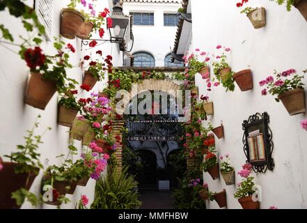 Madrid, Spagna. Il 10 maggio, 2018. I fiori sbocciano in corrispondenza di un passaggio a Cordoba, Spagna, il 10 maggio 2018. Il Patio Festival di Cordoba è detenuto dal 1 Maggio al 13 maggio. Credito: Guo Qiuda/Xinhua/Alamy Live News Foto Stock