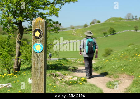 Walking Peak District. Walker sul sentiero che si avvicina al villaggio di Hartington da sud vicino a Pennilow, nel Peak District National Park, Derbyshire, Regno Unito Foto Stock