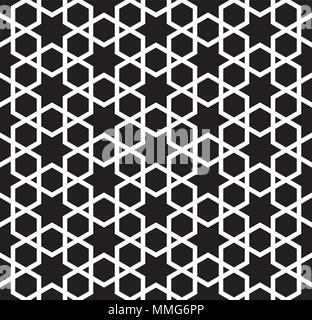 Seamless pattern in bianco e nero in linee di media.i a sei punte stelle e da esagoni. Illustrazione Vettoriale
