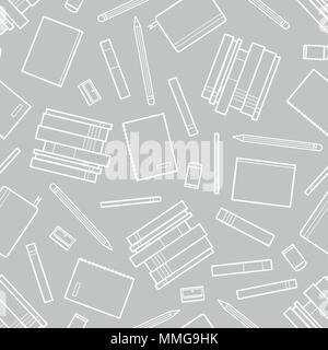 Carino profilo bianco libri e articoli di cartoleria random su sfondo grigio chiaro. Seamless pattern design dello sfondo per la scuola e istruzione nel vettore illustr Illustrazione Vettoriale