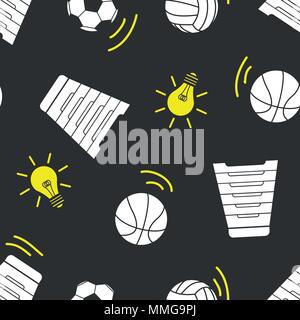 Silhouette bianca sport stuff e luce gialla lampadine su sfondo grigio. Seamless pattern design dello sfondo per la scuola e istruzione nel vettore illustra Illustrazione Vettoriale