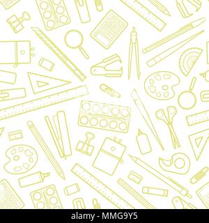 Carino contorno giallo casuale di cancelleria su sfondo bianco. Seamless pattern design dello sfondo per la scuola e istruzione in illustrazione vettoriale. Illustrazione Vettoriale