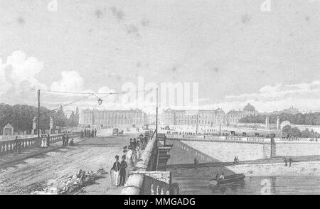 Parigi. Place de Louis XV, bridge. La Francia. Pugin Senna 1828 antica stampa Foto Stock