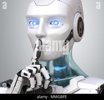 Robot con il dito sulle labbra per chiedere silenzio. 3D illustrazione Foto Stock