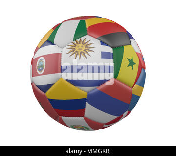 Pallone da calcio con bandiere isolati su sfondo bianco, Uruguay nel centro, rendering 3D Foto Stock